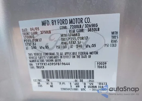 2005 Ford F150 из США, поврежденный, VIN 1FTPX14595FB19644